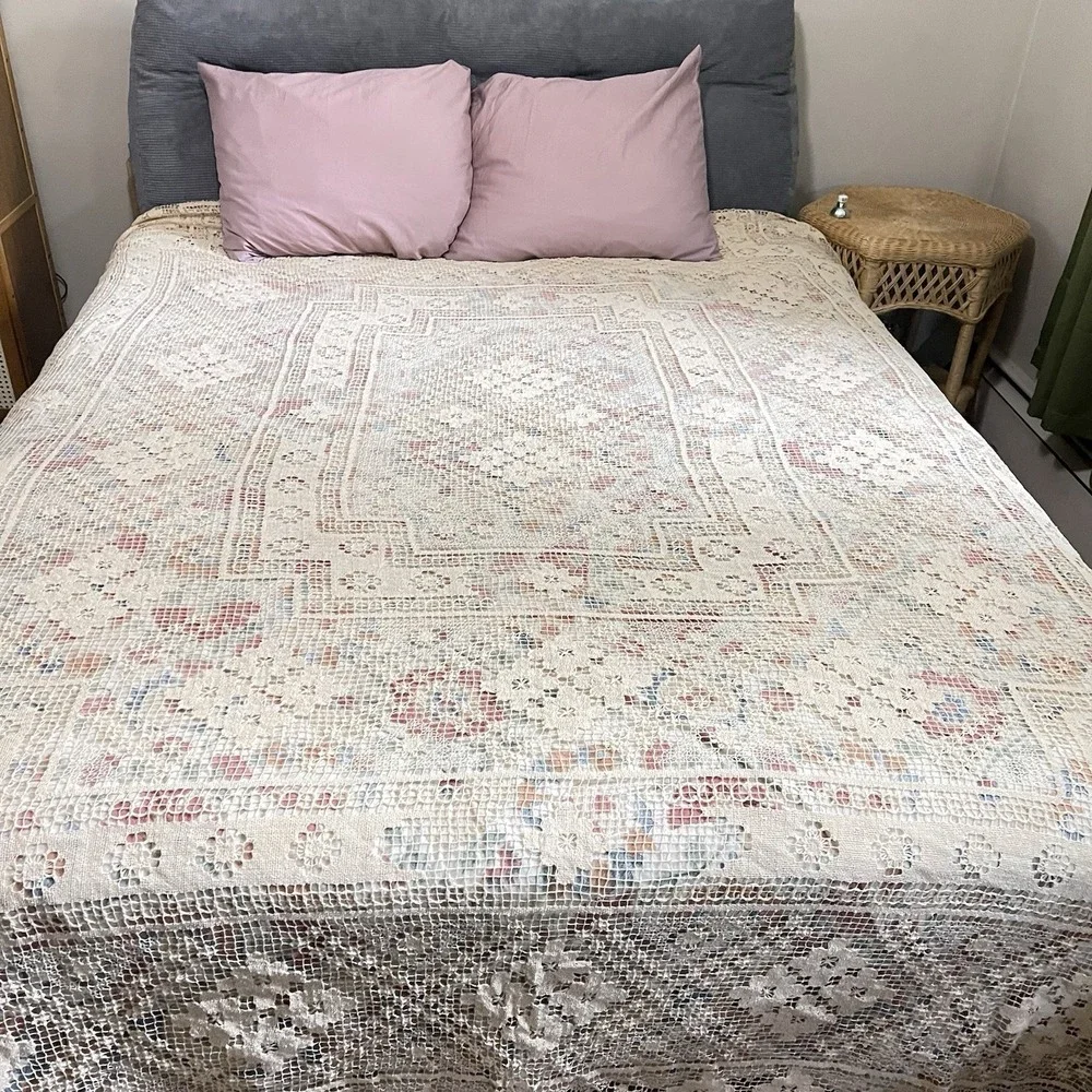Vtg Cream Ivory Lace Bedspread Boho Floral Medallion‎ Fringe King 105x90 Granny